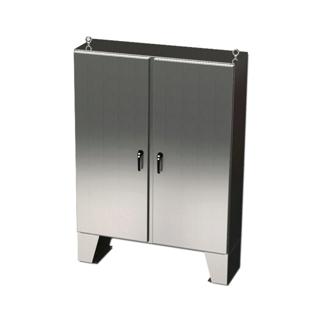 SCE-60EL4818SSLPPL - Saginaw Enviroline series enclosure, NEMA 3R/4/4X/12/13, 60 x 48 x 18in (HxWxD), floor mount, 304 stainless steel, #4 brush finish, 2-door, 3-point keylocking/padlocking combo handle.