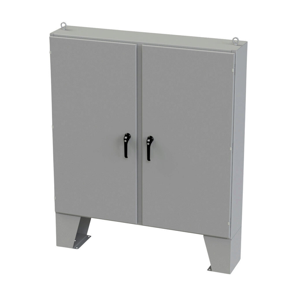 SCE-60EL6012LPPL - Saginaw Enviroline series enclosure, NEMA 3R/4/12/13, 60 x 60 x 12in (HxWxD), floor mount, carbon steel, ANSI 61 gray, powder coat finish, 2-door, 3-point keylocking/padlocking combo handle.