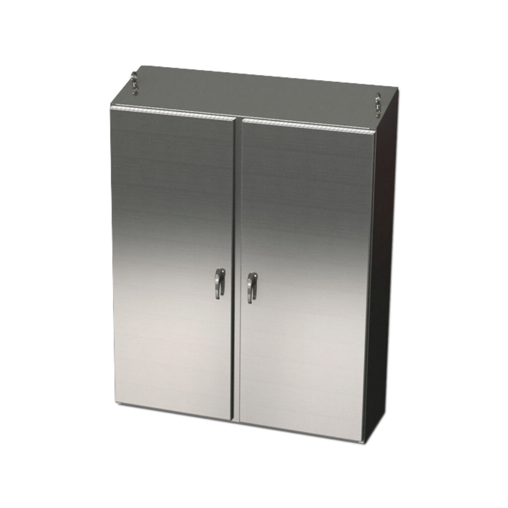 SCE-60EL6012SS6ST - Saginaw Enviroline series enclosure, slope top, NEMA 3R/4/4X/12/13, 60 x 60 x 12in (HxWxD), freestanding, 316L stainless steel, #4 brush finish, 2-door, 3-point 304 stainless steel padlocking handle.