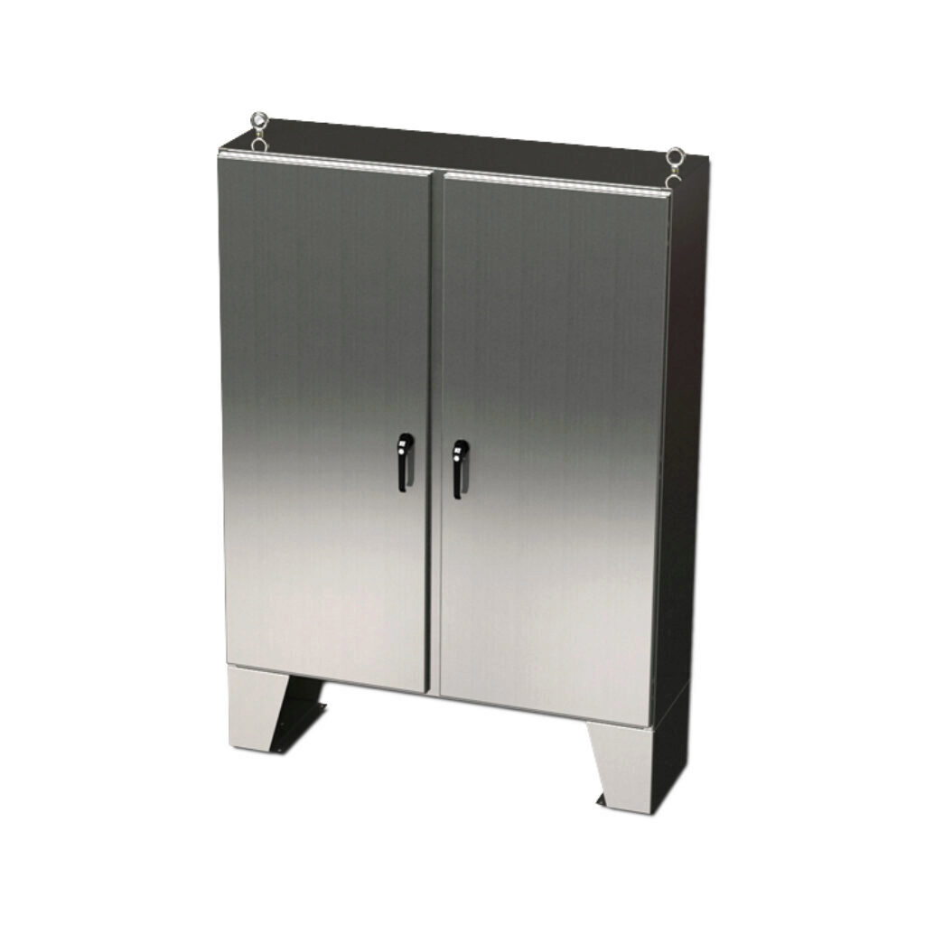 SCE-60EL6018SS6LPPL - Saginaw Enviroline series enclosure, NEMA 3R/4/4X/12/13, 60 x 60 x 18in (HxWxD), floor mount, 316L stainless steel, #4 brush finish, 2-door, 3-point keylocking/padlocking combo handle.