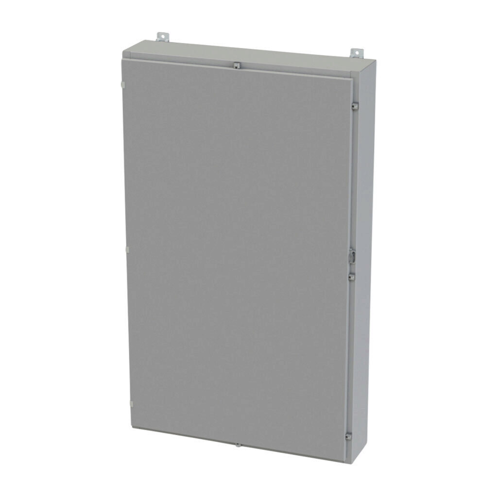 SCE-60H3608LP - Saginaw enclosure, NEMA 3R/4/12/13, 60 x 36 x 8in (HxWxD), wall mount, carbon steel, ANSI 61 gray, powder coat finish, single-door, plated steel clamps, padlock hasp and staple.
