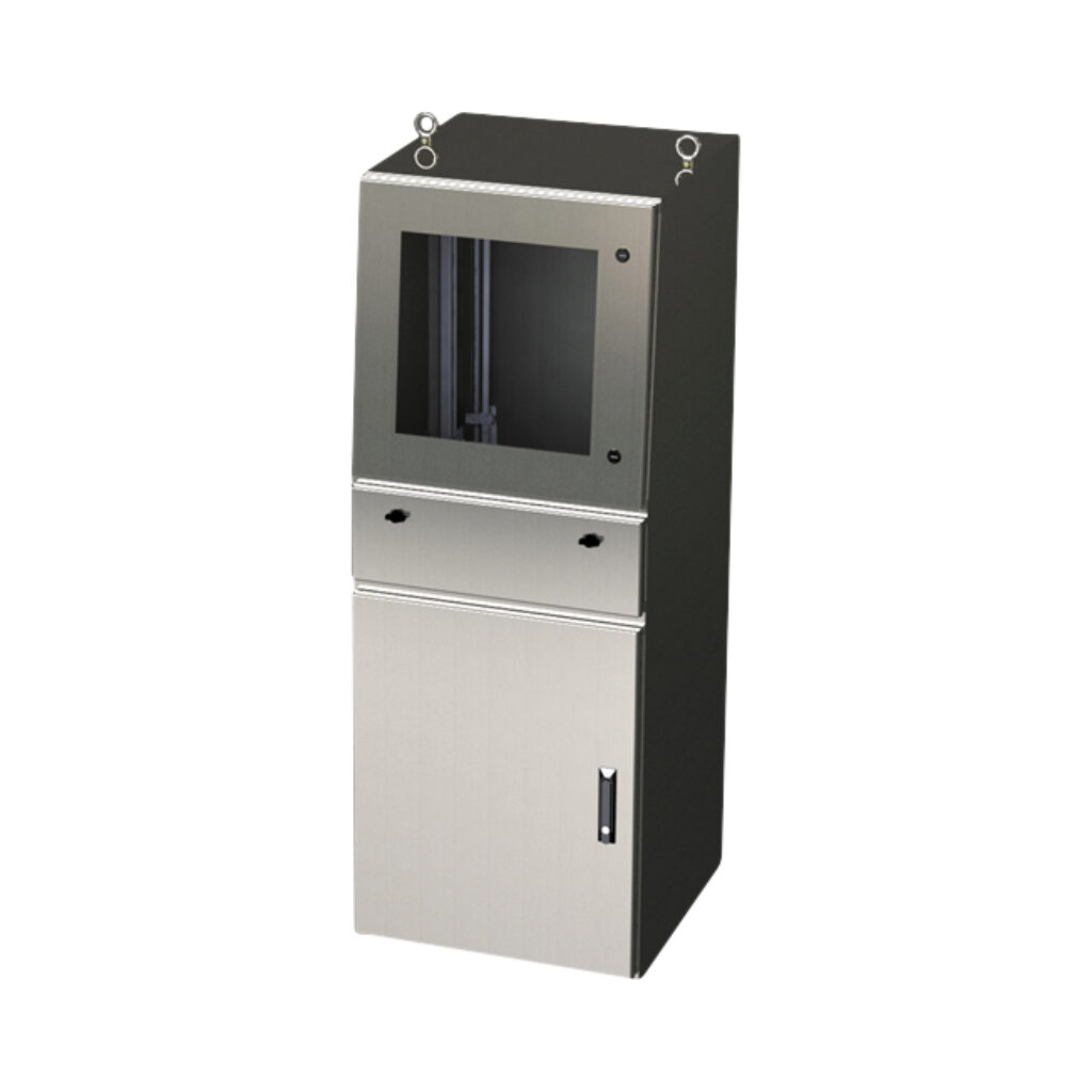 SCE-642424SSWS - Saginaw workstation, NEMA 12/13, 64 x 24 x 24in (HxWxD), freestanding, dual access, 304 stainless steel, #4 brush finish, 2-door, 3-point keylocking flush swing handle, polycarbonate window.
