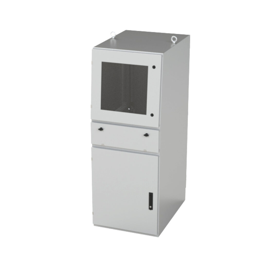 SCE-642432WS - Saginaw workstation, NEMA 12/13, 64 x 24 x 32in (HxWxD), freestanding, dual access, carbon steel, RAL 7035 light gray, powder coat finish, 2-door, 3-point keylocking flush swing handle, polycarbonate window.