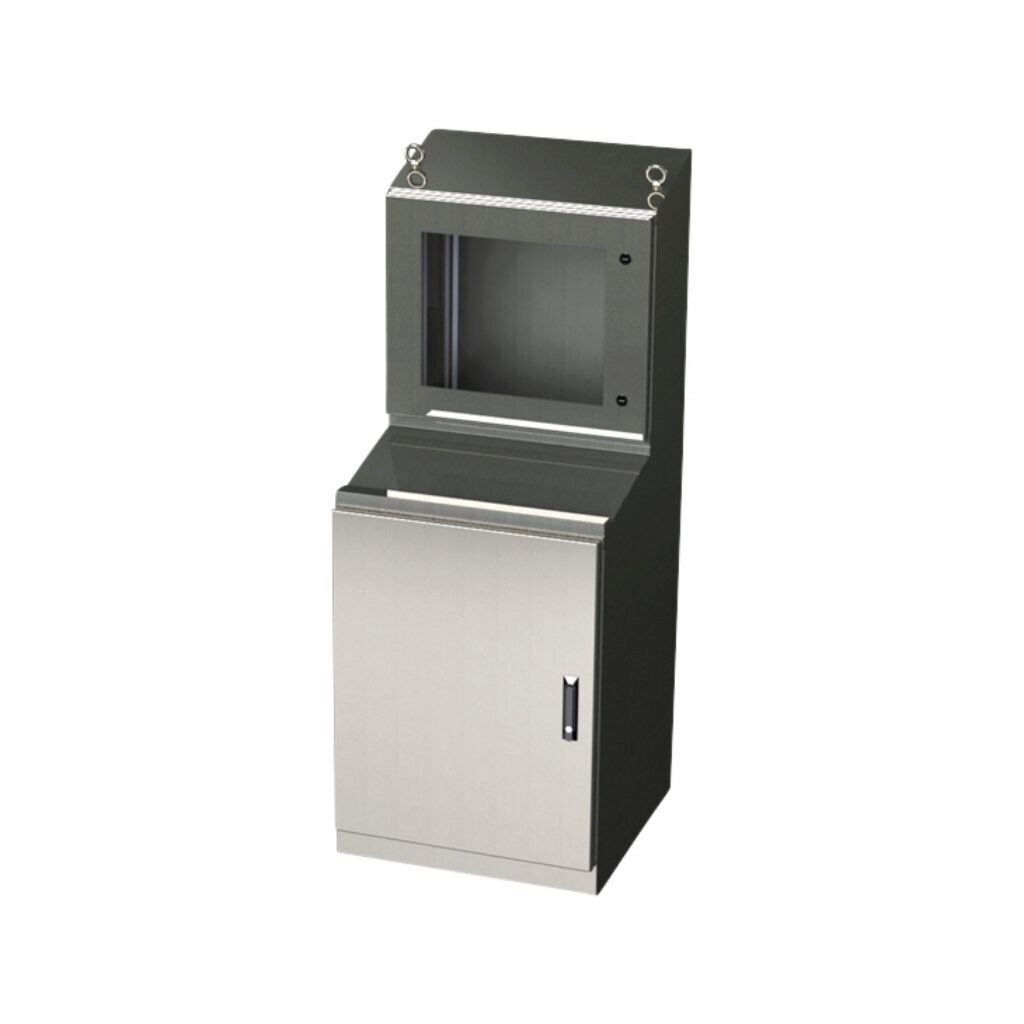 SCE-66ST2626SSWS - Saginaw workstation, slope top, NEMA 12/13, 66 x 26 x 26in (HxWxD), freestanding, dual access, 304 stainless steel, #4 brush finish, 2-door, 3-point keylocking flush swing handle, polycarbonate window.