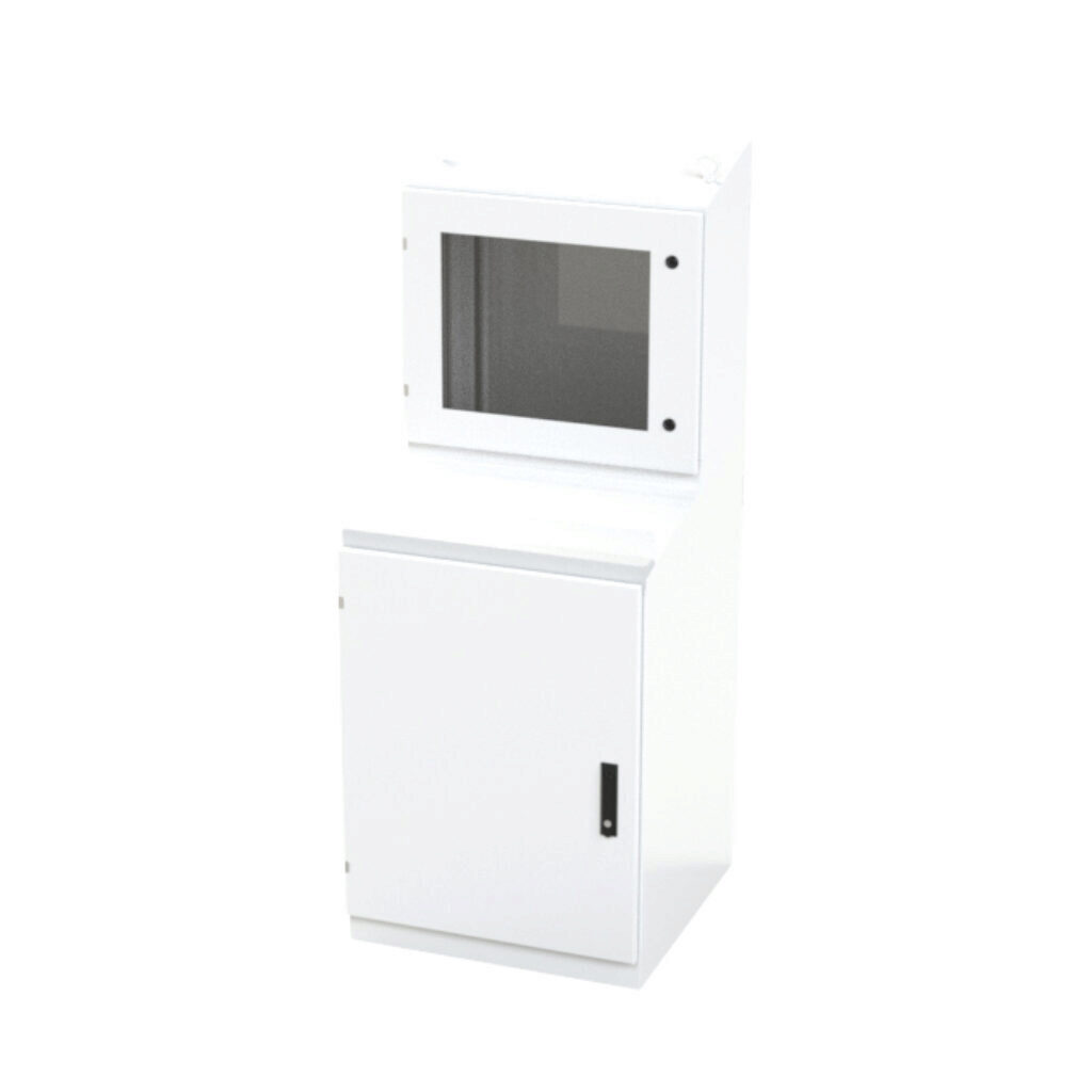 SCE-66ST2626WS - Saginaw workstation, slope top, NEMA 12/13, 66 x 26 x 26in (HxWxD), freestanding, dual access, carbon steel, white, powder coat finish, 2-door, 3-point keylocking flush swing handle, polycarbonate window.