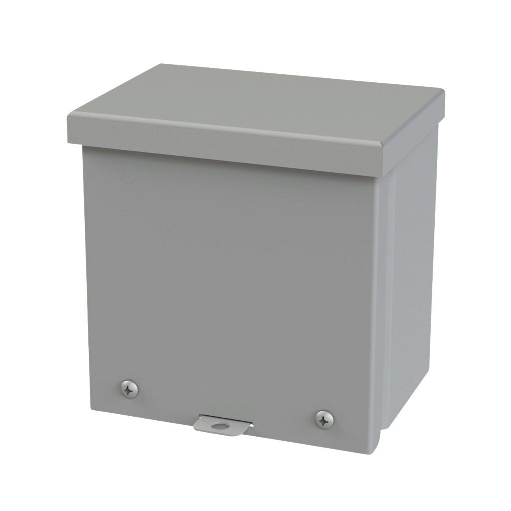SCE-6R64 - Saginaw enclosure, NEMA 3R, 6 x 6 x 4in (HxWxD), wall mount, carbon steel, ANSI 61 gray, powder coat finish, screw cover, padlock hasp and staple.