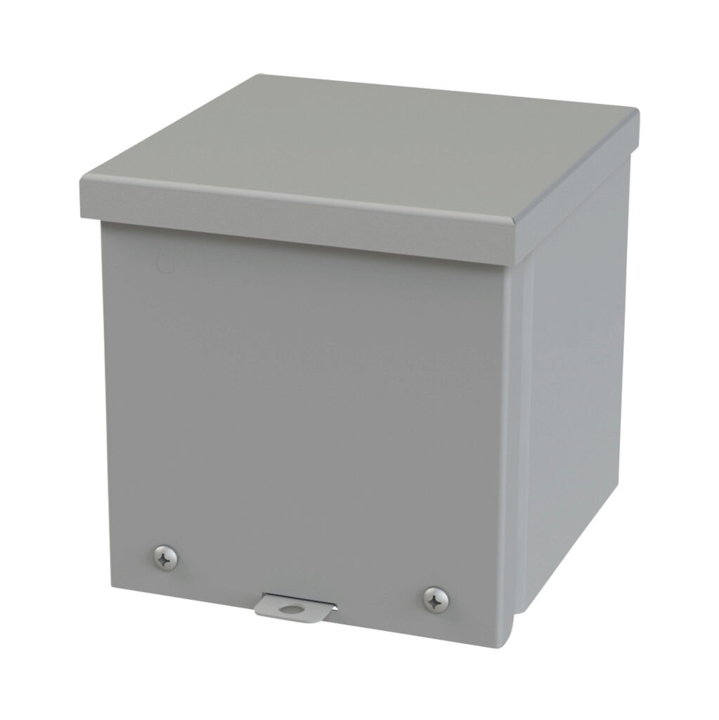 SCE-6R66 - Saginaw enclosure, NEMA 3R, 6 x 6 x 6in (HxWxD), wall mount, carbon steel, ANSI 61 gray, powder coat finish, screw cover, padlock hasp and staple.