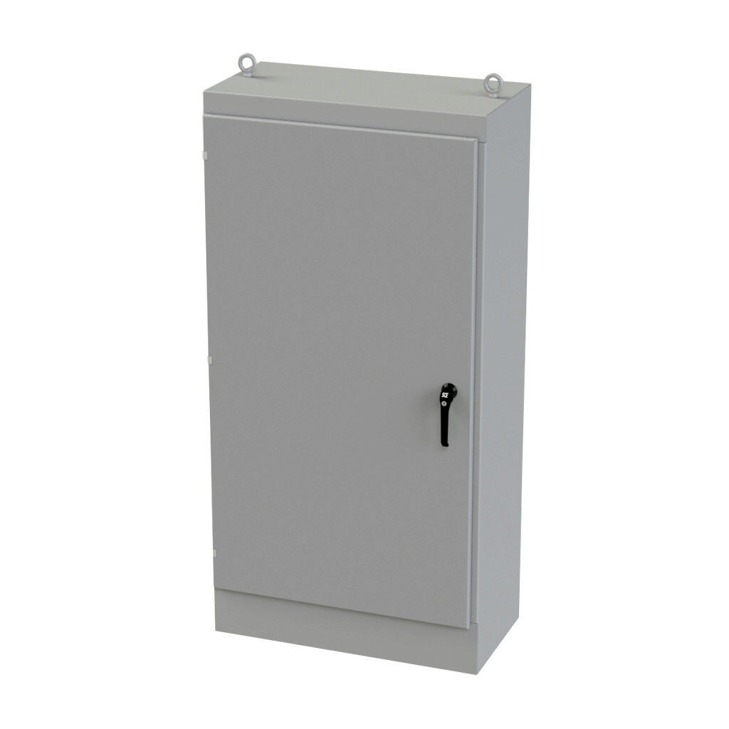 SCE-723618FS - Saginaw enclosure, NEMA 3R/12/13, 72 x 36 x 18in (HxWxD), freestanding, carbon steel, ANSI 61 gray, powder coat finish, single-door, 3-point keylocking/padlocking combo handle.