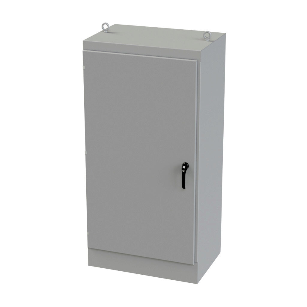 SCE-723624FS - Saginaw enclosure, NEMA 3R/12/13, 72 x 36 x 24in (HxWxD), freestanding, carbon steel, ANSI 61 gray, powder coat finish, single-door, 3-point keylocking/padlocking combo handle.