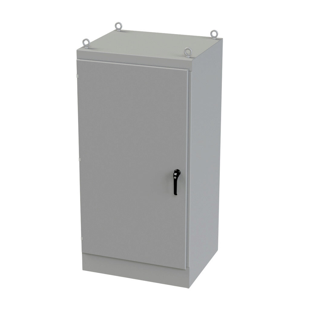 SCE-723630FS - Saginaw enclosure, NEMA 3R/12/13, 72 x 36 x 30in (HxWxD), freestanding, carbon steel, ANSI 61 gray, powder coat finish, single-door, 3-point keylocking/padlocking combo handle.
