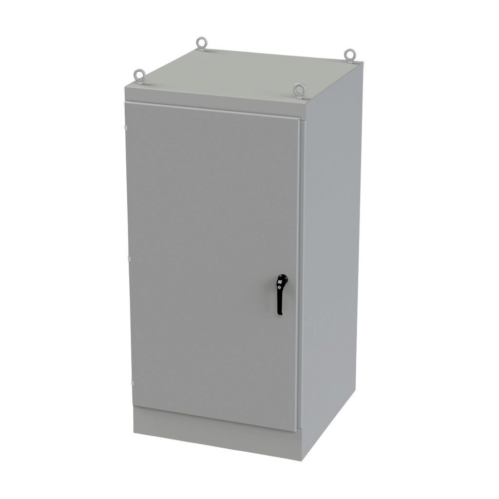 SCE-723636FS - Saginaw enclosure, NEMA 3R/12/13, 72 x 36 x 36in (HxWxD), freestanding, carbon steel, ANSI 61 gray, powder coat finish, single-door, 3-point keylocking/padlocking combo handle.