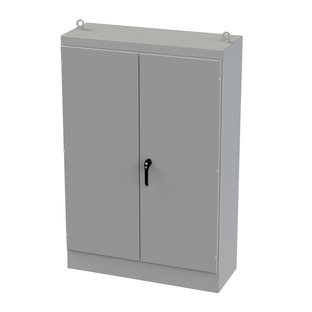 SCE-724818FSD - Saginaw enclosure, NEMA 3R/12/13, 72 x 48 x 18in (HxWxD), freestanding, carbon steel, ANSI 61 gray, powder coat finish, double-door, 3-point keylocking/padlocking combo handle.