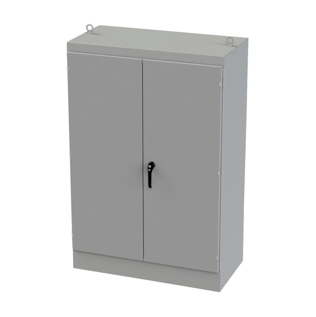 SCE-724824FSDAD - Saginaw enclosure, NEMA 3R/12/13, 72 x 48 x 24in (HxWxD), freestanding, dual access, carbon steel, ANSI 61 gray, powder coat finish, overlapping double-door, 3-point keylocking/padlocking combo handle.
