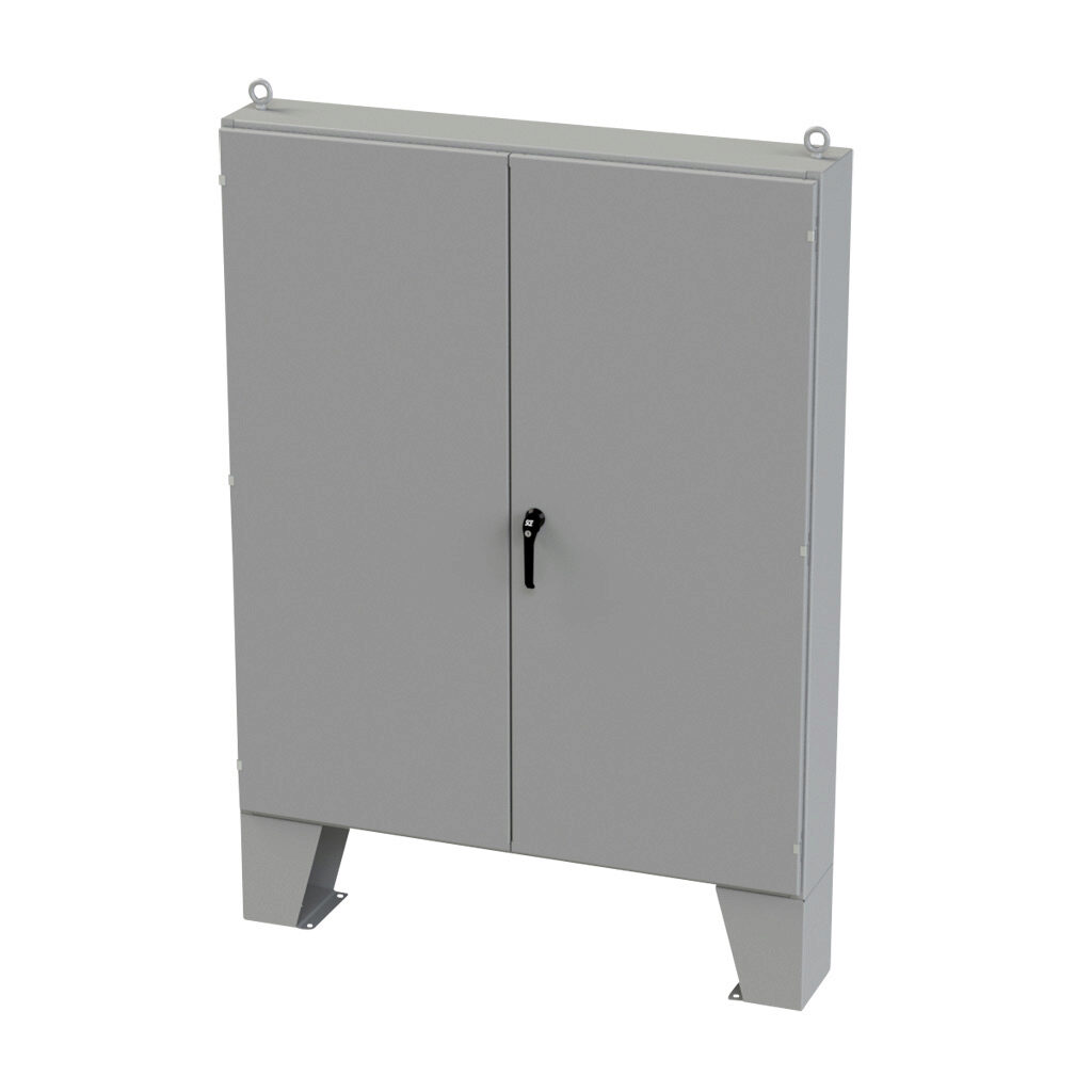 SCE-726010ULP - Saginaw enclosure, NEMA 3R/12/13, 72 x 60 x 10in (HxWxD), floor mount, carbon steel, ANSI 61 gray, powder coat finish, double-door, 3-point keylocking/padlocking combo handle.