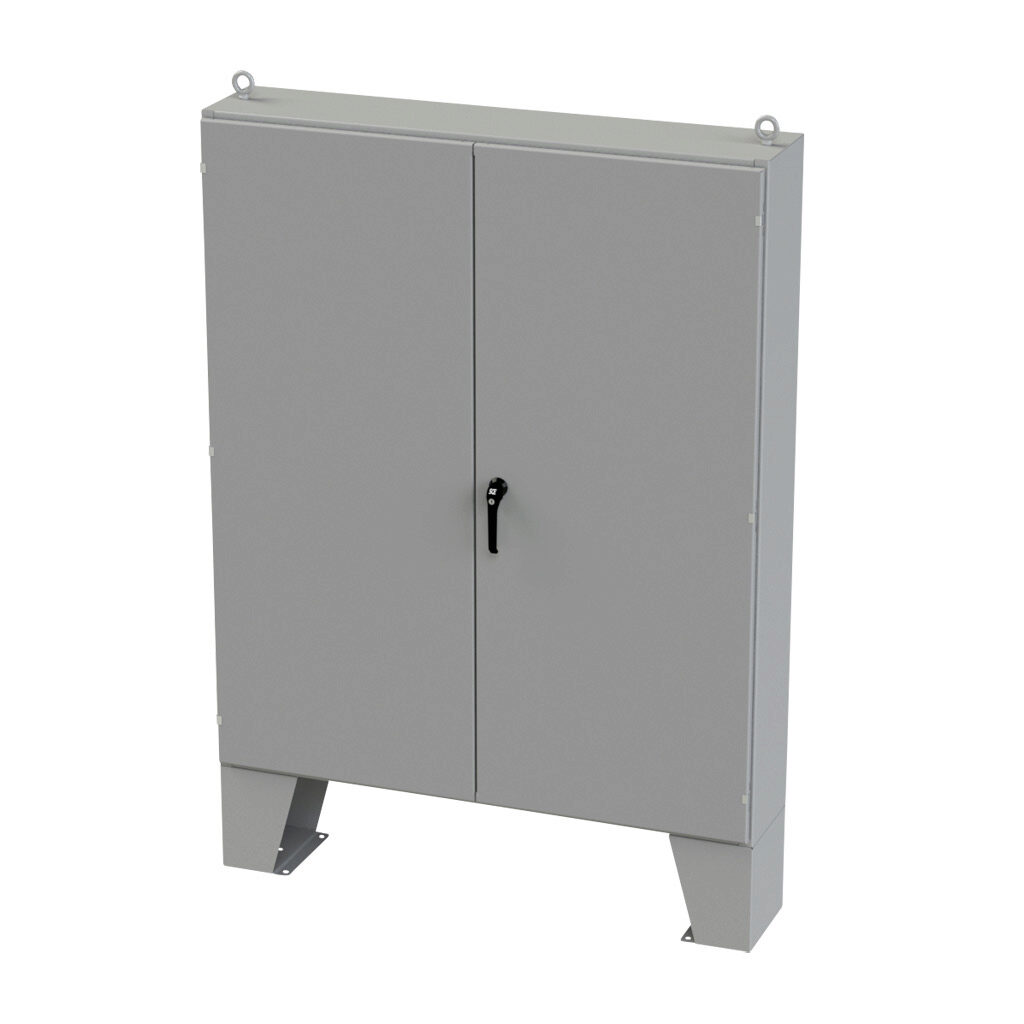 SCE-726012ULP - Saginaw enclosure, NEMA 3R/12/13, 72 x 60 x 12in (HxWxD), floor mount, carbon steel, ANSI 61 gray, powder coat finish, double-door, 3-point keylocking/padlocking combo handle.