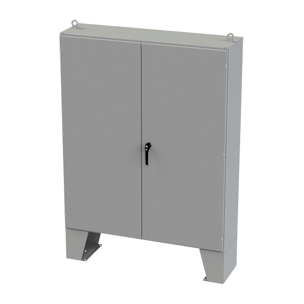 SCE-726016ULP - Saginaw enclosure, NEMA 3R/12/13, 72 x 60 x 16in (HxWxD), floor mount, carbon steel, ANSI 61 gray, powder coat finish, double-door, 3-point keylocking/padlocking combo handle.