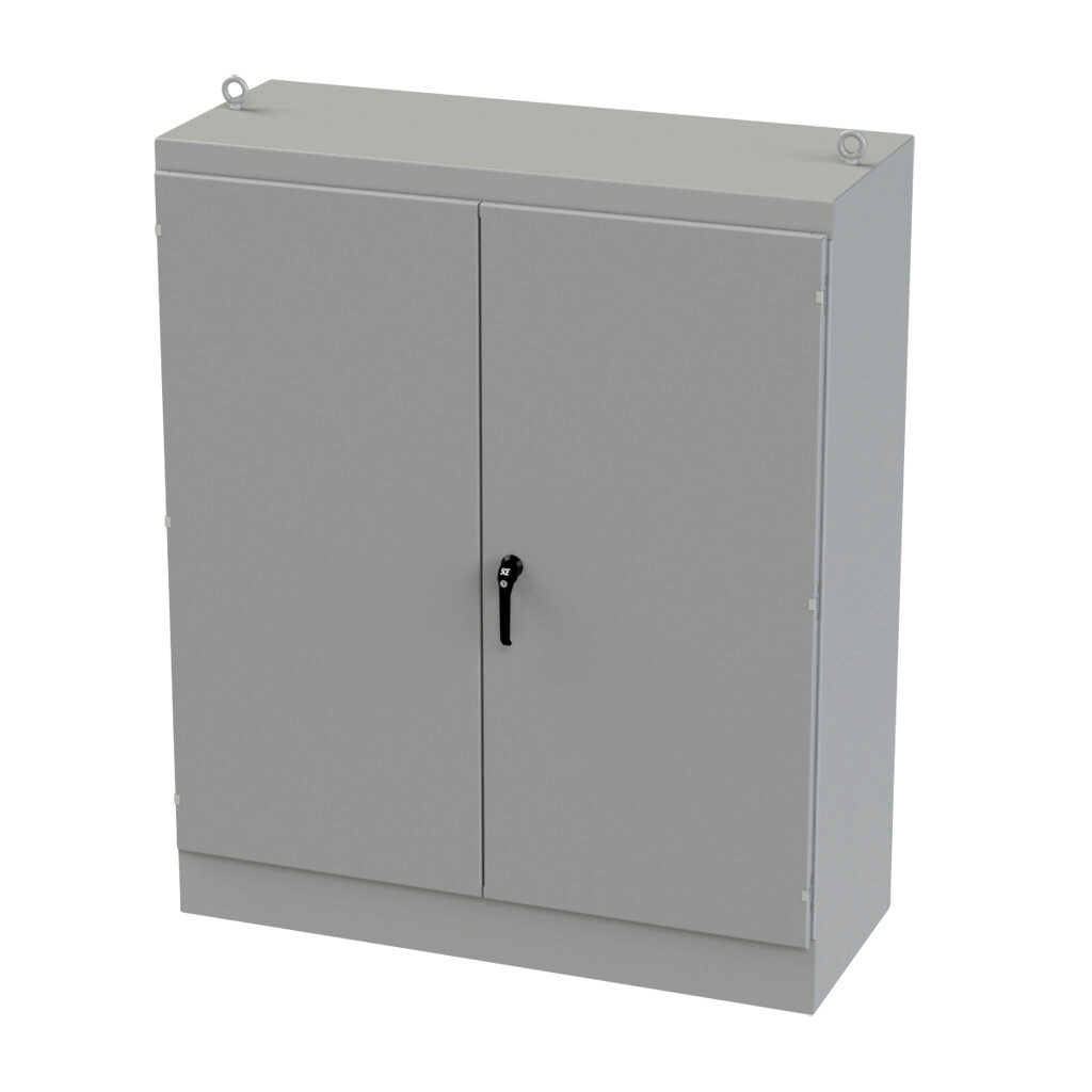 SCE-726024FSD - Saginaw enclosure, NEMA 3R/12/13, 72 x 60 x 24in (HxWxD), freestanding, carbon steel, ANSI 61 gray, powder coat finish, double-door, 3-point keylocking/padlocking combo handle.
