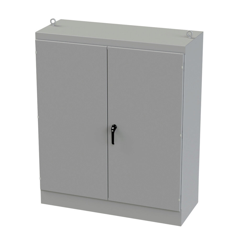 SCE-726024FSDAD - Saginaw enclosure, NEMA 3R/12/13, 72 x 60 x 24in (HxWxD), freestanding, dual access, carbon steel, ANSI 61 gray, powder coat finish, overlapping double-door, 3-point keylocking/padlocking combo handle.