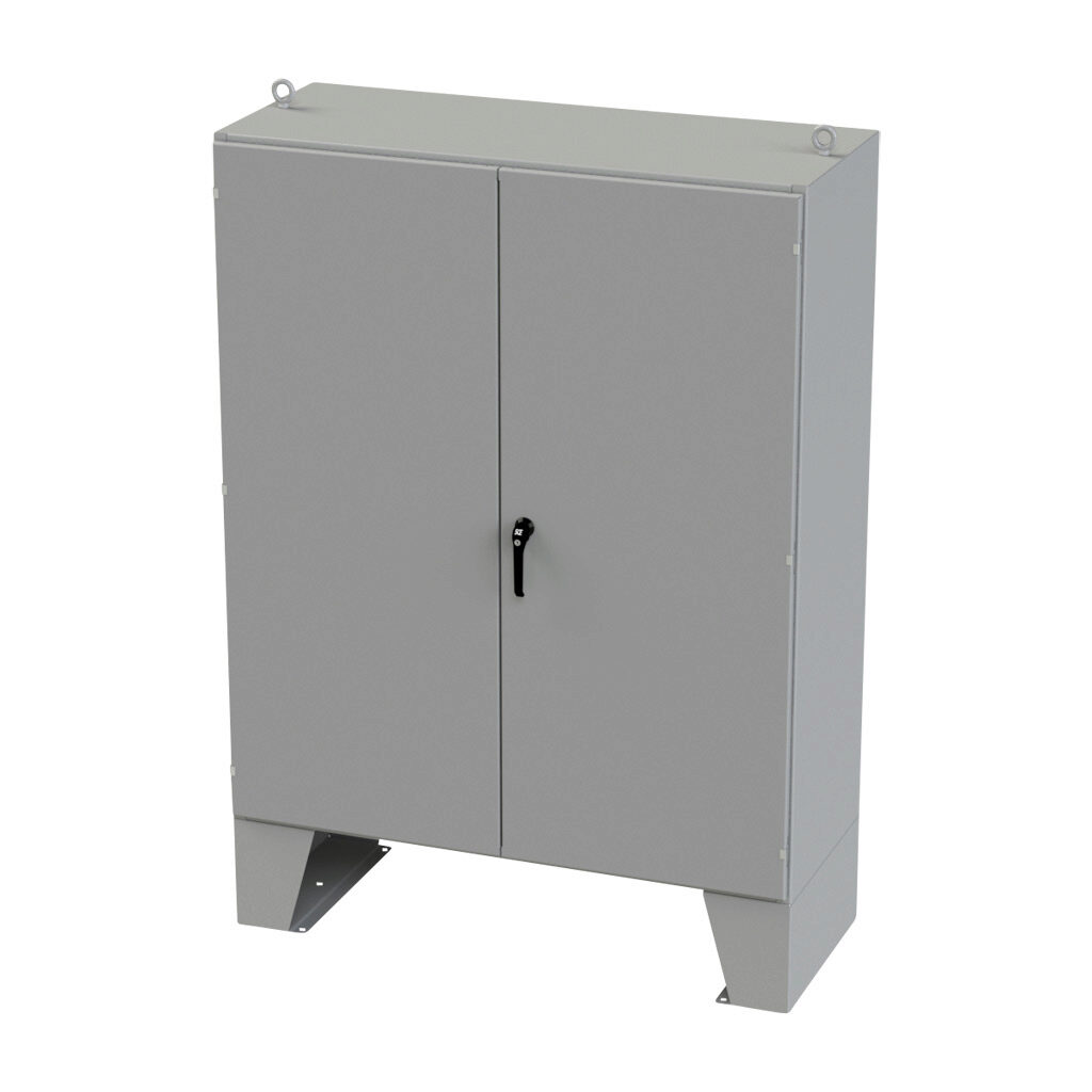 SCE-726024ULP - Saginaw enclosure, NEMA 3R/12/13, 72 x 60 x 24in (HxWxD), floor mount, carbon steel, ANSI 61 gray, powder coat finish, double-door, 3-point keylocking/padlocking combo handle.