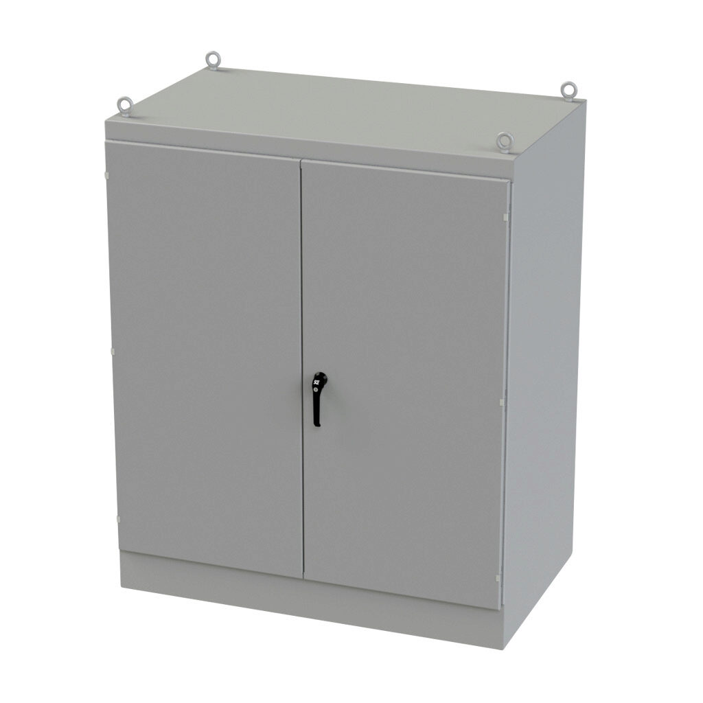 SCE-726036FSDAD - Saginaw enclosure, NEMA 3R/12/13, 72 x 60 x 36in (HxWxD), freestanding, dual access, carbon steel, ANSI 61 gray, powder coat finish, overlapping double-door, 3-point keylocking/padlocking combo handle.