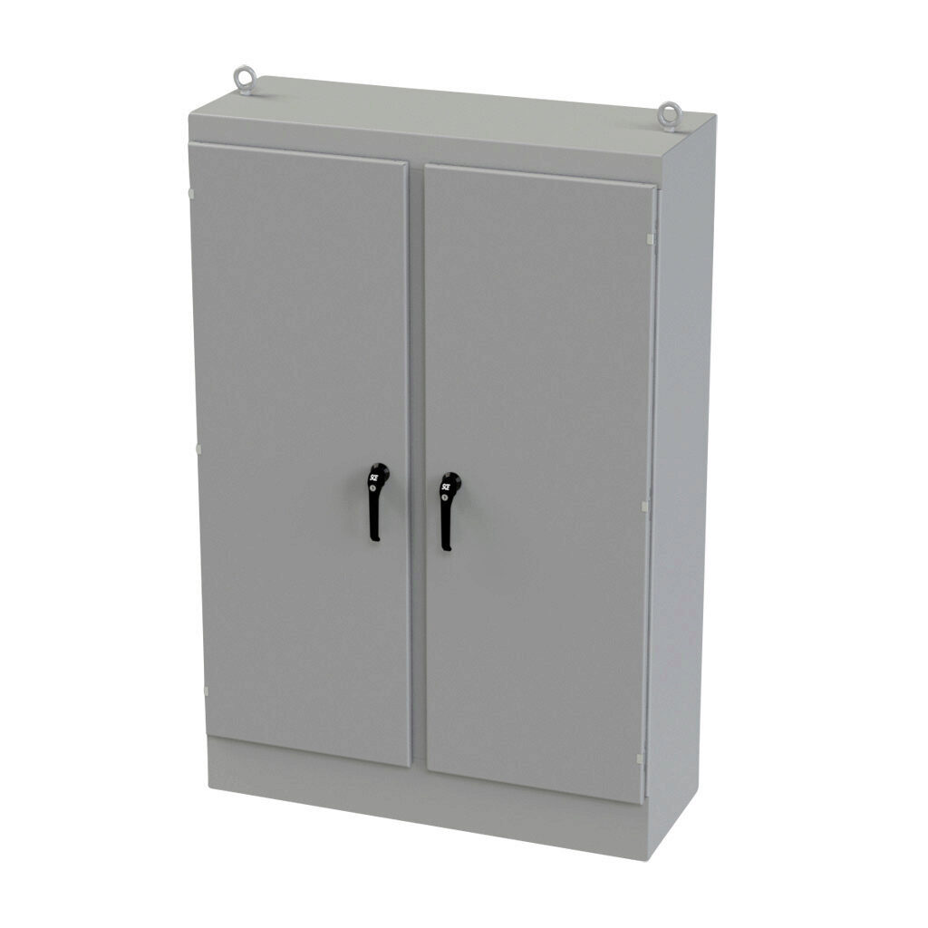 SCE-72EL4818FSD - Saginaw Enviroline series enclosure, NEMA 3R/4/12/13, 72 x 48 x 18in (HxWxD), freestanding, carbon steel, ANSI 61 gray, powder coat finish, 2-door, 3-point keylocking/padlocking combo handle.