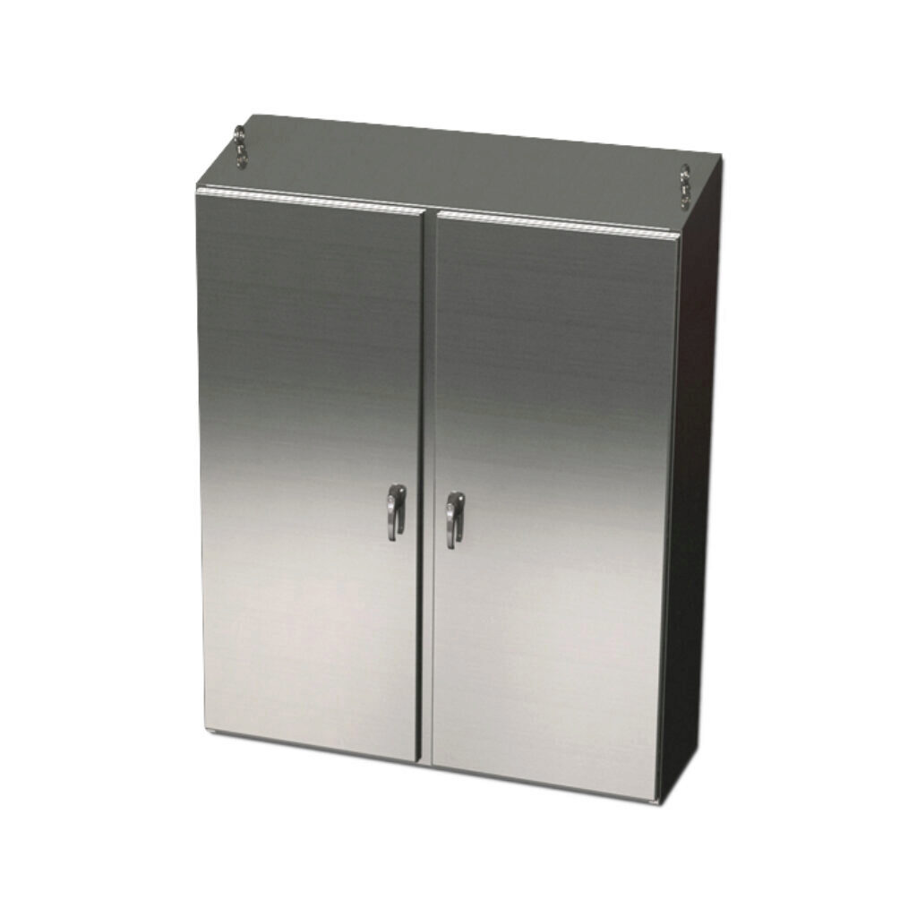 SCE-72EL6012SSST - Saginaw Enviroline series enclosure, slope top, NEMA 3R/4/4X/12/13, 72 x 60 x 12in (HxWxD), freestanding, 304 stainless steel, #4 brush finish, 2-door, 3-point 304 stainless steel padlocking handle.