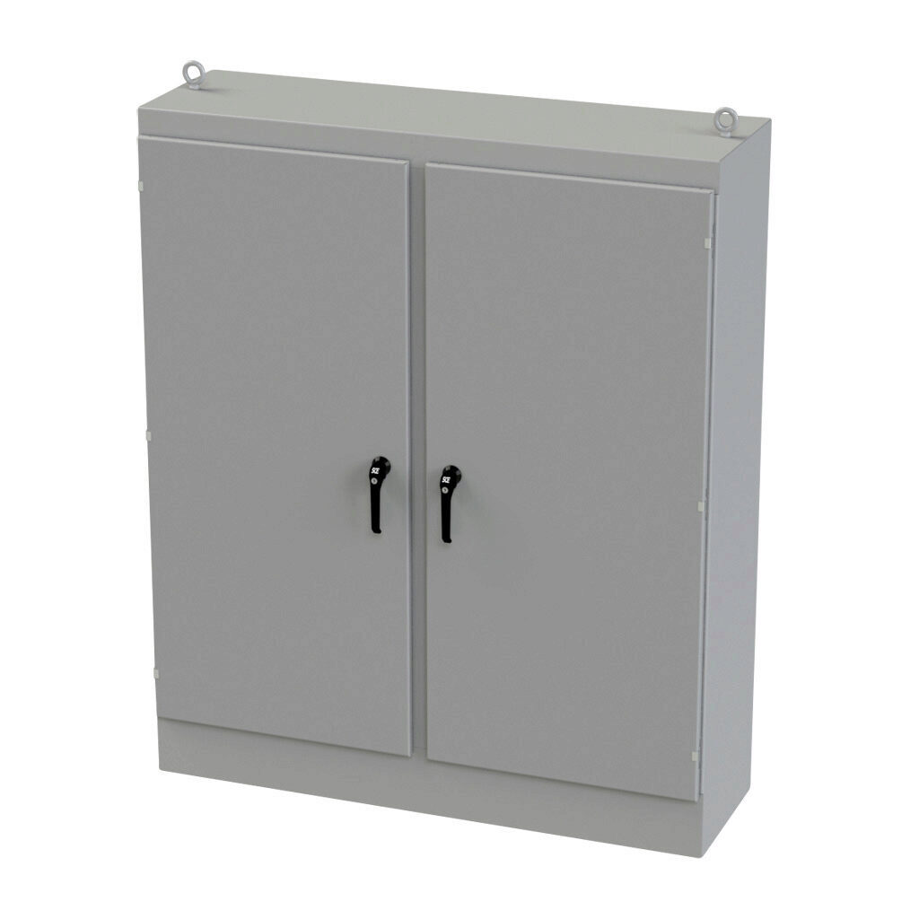 SCE-72EL6018FSD - Saginaw Enviroline series enclosure, NEMA 3R/4/12/13, 72 x 60 x 18in (HxWxD), freestanding, carbon steel, ANSI 61 gray, powder coat finish, 2-door, 3-point keylocking/padlocking combo handle.