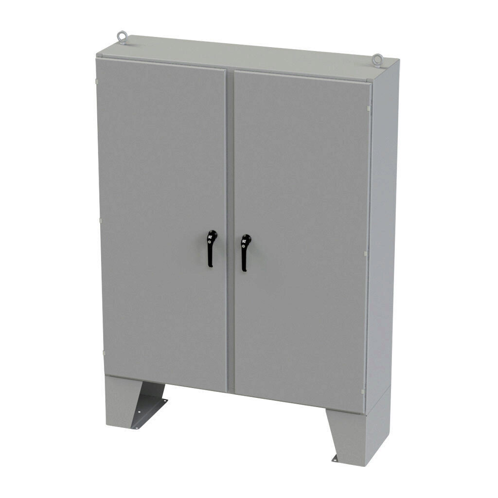 SCE-72EL6018LPPL - Saginaw Enviroline series enclosure, NEMA 3R/4/12/13, 72 x 60 x 18in (HxWxD), floor mount, carbon steel, ANSI 61 gray, powder coat finish, 2-door, 3-point keylocking/padlocking combo handle.