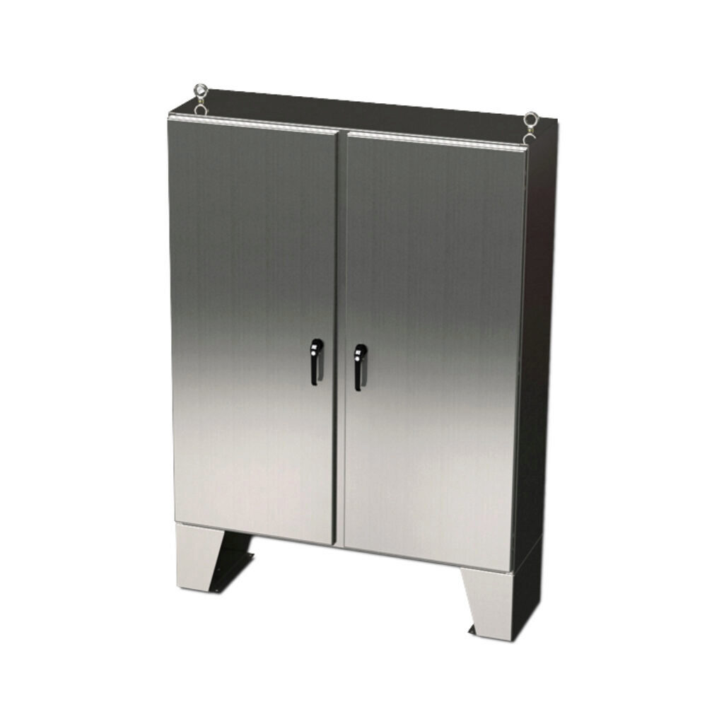 SCE-72EL6018SS6LPPL - Saginaw Enviroline series enclosure, NEMA 3R/4/4X/12/13, 72 x 60 x 18in (HxWxD), floor mount, 316L stainless steel, #4 brush finish, 2-door, 3-point keylocking/padlocking combo handle.