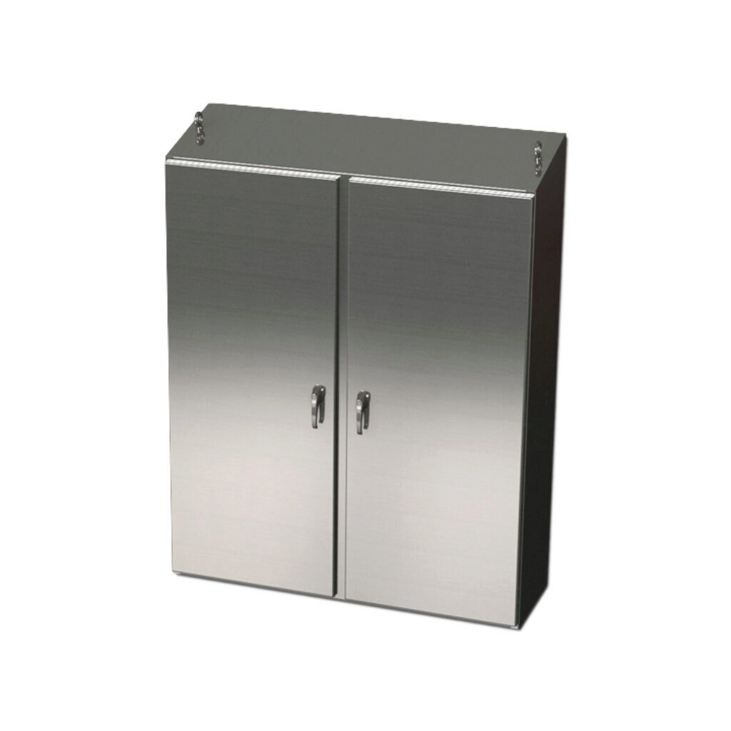 SCE-72EL6018SSST - Saginaw Enviroline series enclosure, slope top, NEMA 3R/4/4X/12/13, 72 x 60 x 18in (HxWxD), freestanding, 304 stainless steel, #4 brush finish, 2-door, 3-point 304 stainless steel padlocking handle.