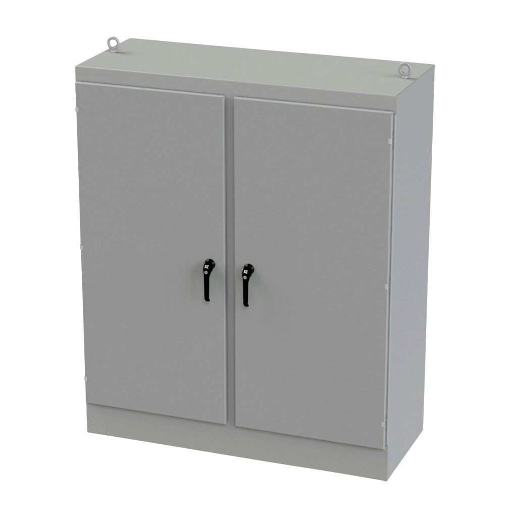 SCE-72EL6024FSD - Saginaw Enviroline series enclosure, NEMA 3R/4/12/13, 72 x 60 x 24in (HxWxD), freestanding, carbon steel, ANSI 61 gray, powder coat finish, 2-door, 3-point keylocking/padlocking combo handle.