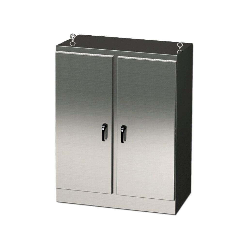 SCE-72EL6024SS6FSD - Saginaw Enviroline series enclosure, NEMA 3R/4/4X/12/13, 72 x 60 x 24in (HxWxD), freestanding, 316L stainless steel, #4 brush finish, 2-door, 3-point keylocking/padlocking combo handle.