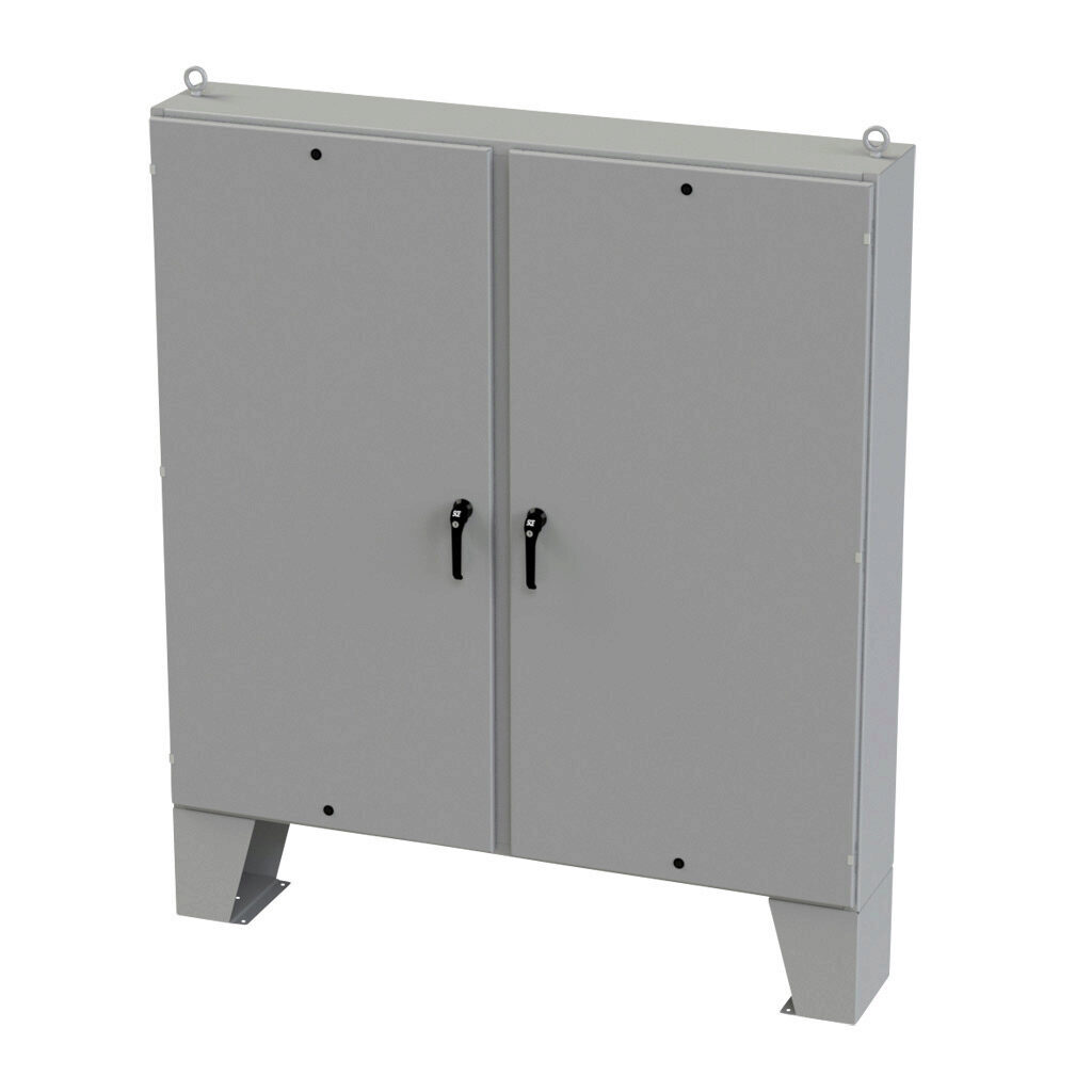 SCE-72EL7212LPPL - Saginaw Enviroline series enclosure, NEMA 3R/4/12/13, 72 x 72 x 12in (HxWxD), floor mount, carbon steel, ANSI 61 gray, powder coat finish, 2-door, 3-point keylocking/padlocking combo handle.