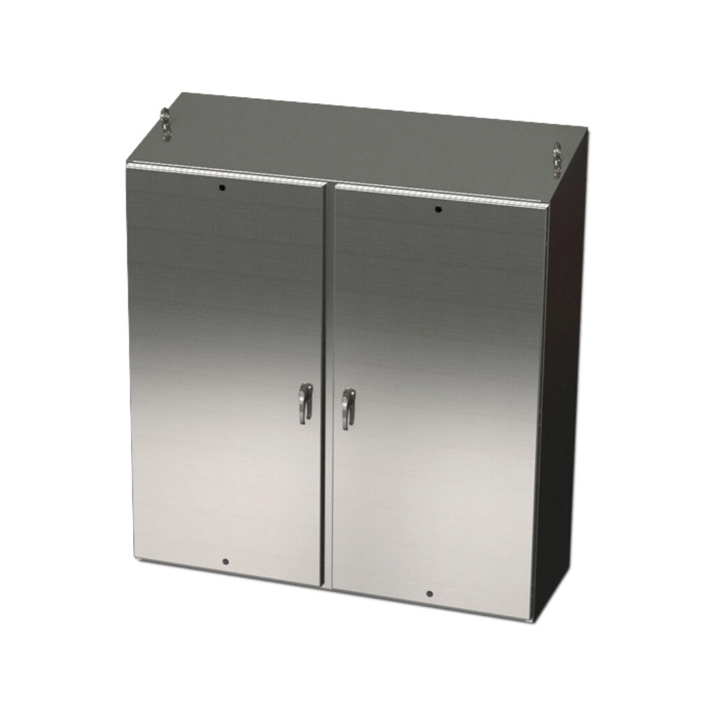 SCE-72EL7212SS6ST - Saginaw Enviroline series enclosure, slope top, NEMA 3R/4/4X/12/13, 72 x 72 x 12in (HxWxD), freestanding, 316L stainless steel, #4 brush finish, 2-door, 3-point 304 stainless steel padlocking handle.