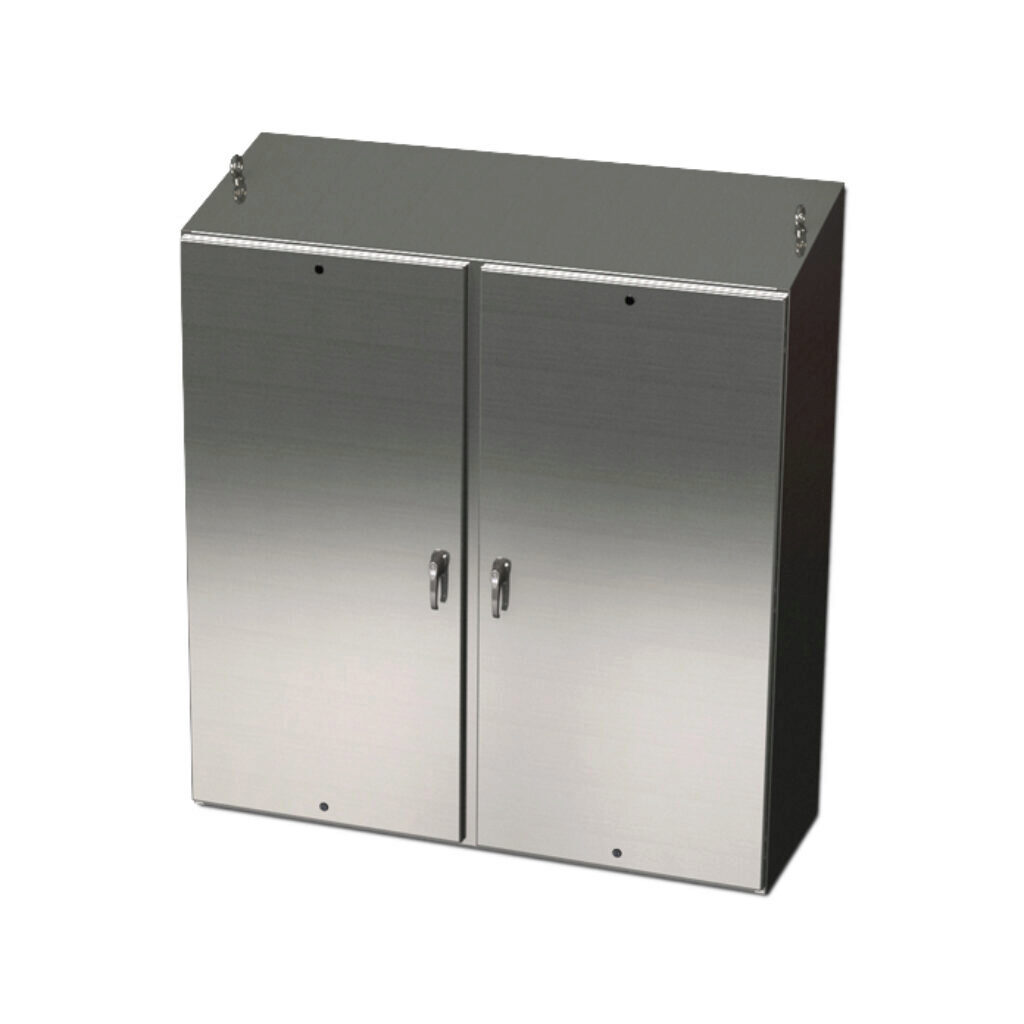 SCE-72EL7212SSST - Saginaw Enviroline series enclosure, slope top, NEMA 3R/4/4X/12/13, 72 x 72 x 12in (HxWxD), freestanding, 304 stainless steel, #4 brush finish, 2-door, 3-point 304 stainless steel padlocking handle.