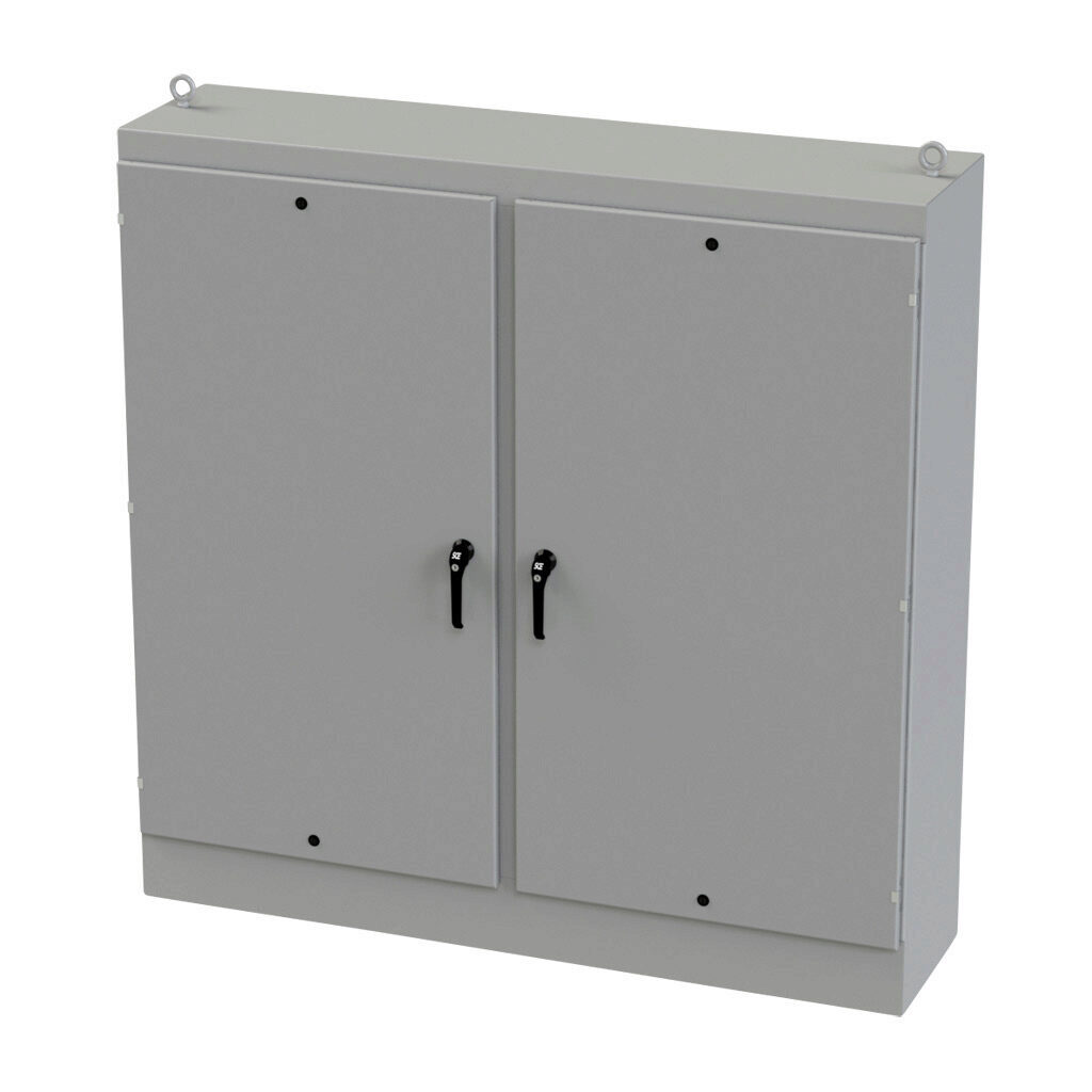 SCE-72EL7218FSD - Saginaw Enviroline series enclosure, NEMA 3R/4/12/13, 72 x 72 x 18in (HxWxD), freestanding, carbon steel, ANSI 61 gray, powder coat finish, 2-door, 3-point keylocking/padlocking combo handle.
