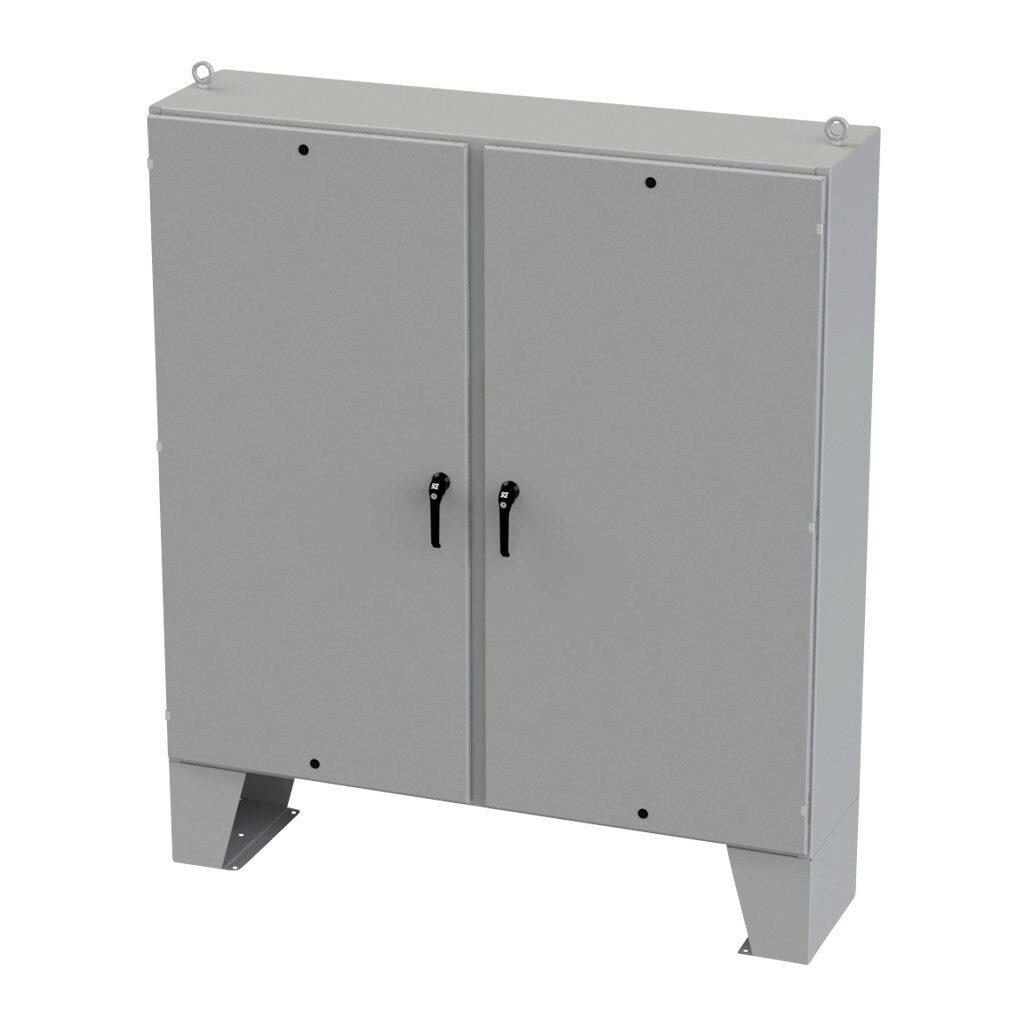 SCE-72EL7218LPPL - Saginaw Enviroline series enclosure, NEMA 3R/4/12/13, 72 x 72 x 18in (HxWxD), floor mount, carbon steel, ANSI 61 gray, powder coat finish, 2-door, 3-point keylocking/padlocking combo handle.