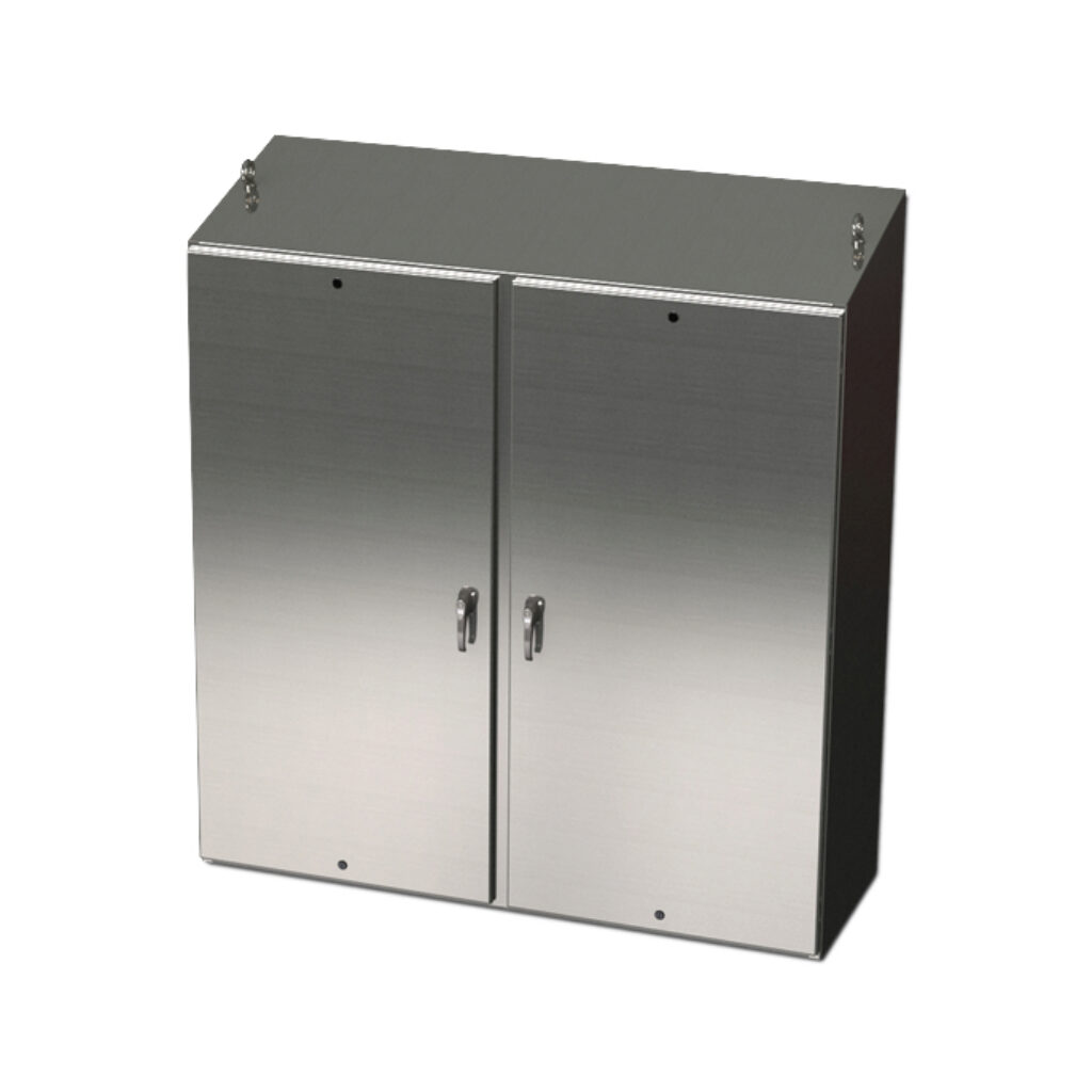 SCE-72EL7218SS6ST - Saginaw Enviroline series enclosure, slope top, NEMA 3R/4/4X/12/13, 72 x 72 x 18in (HxWxD), freestanding, 316L stainless steel, #4 brush finish, 2-door, 3-point 304 stainless steel padlocking handle.