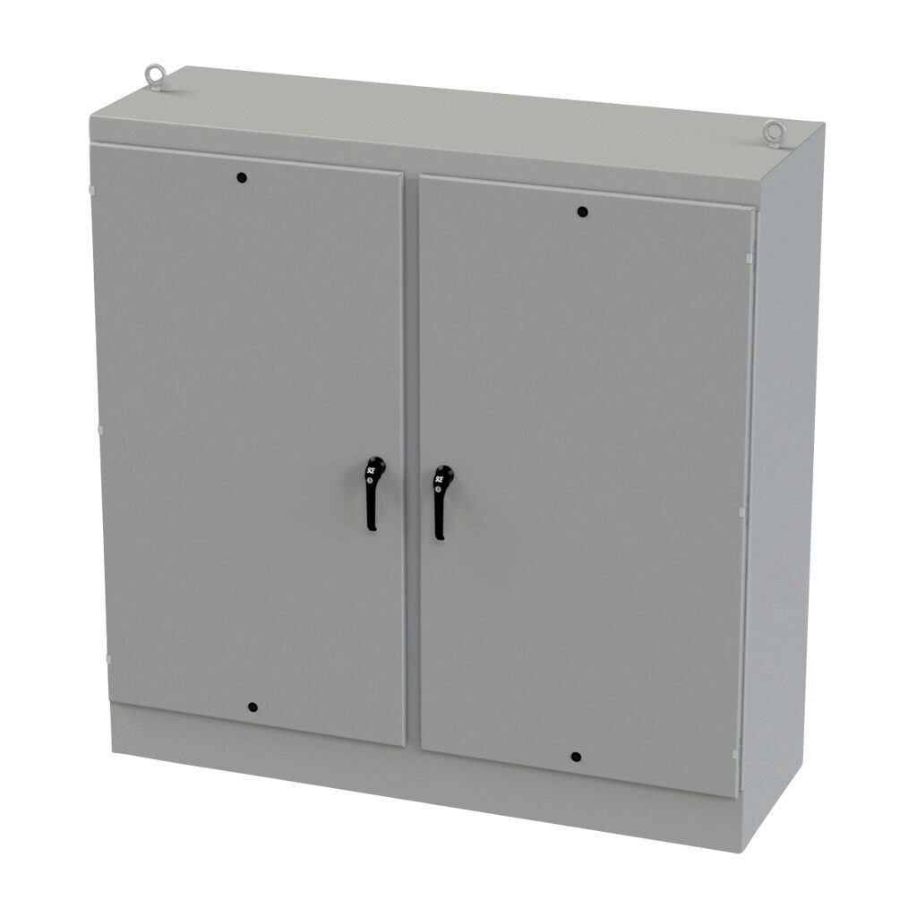 SCE-72EL7224FSD - Saginaw Enviroline series enclosure, NEMA 3R/4/12/13, 72 x 72 x 24in (HxWxD), freestanding, carbon steel, ANSI 61 gray, powder coat finish, 2-door, 3-point keylocking/padlocking combo handle.