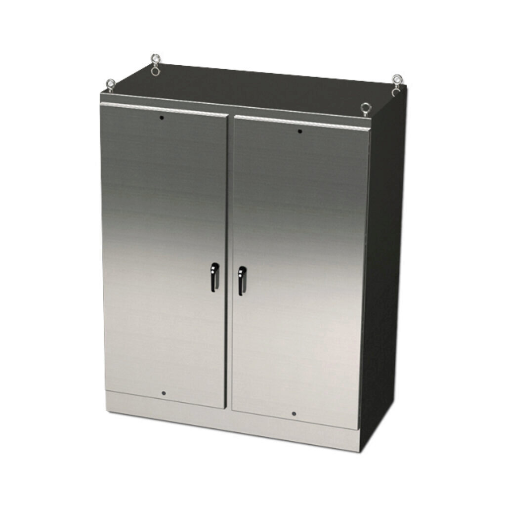 SCE-72EL7224SS6FSD - Saginaw Enviroline series enclosure, NEMA 3R/4/4X/12/13, 72 x 72 x 24in (HxWxD), freestanding, 316L stainless steel, #4 brush finish, 2-door, 3-point keylocking/padlocking combo handle.