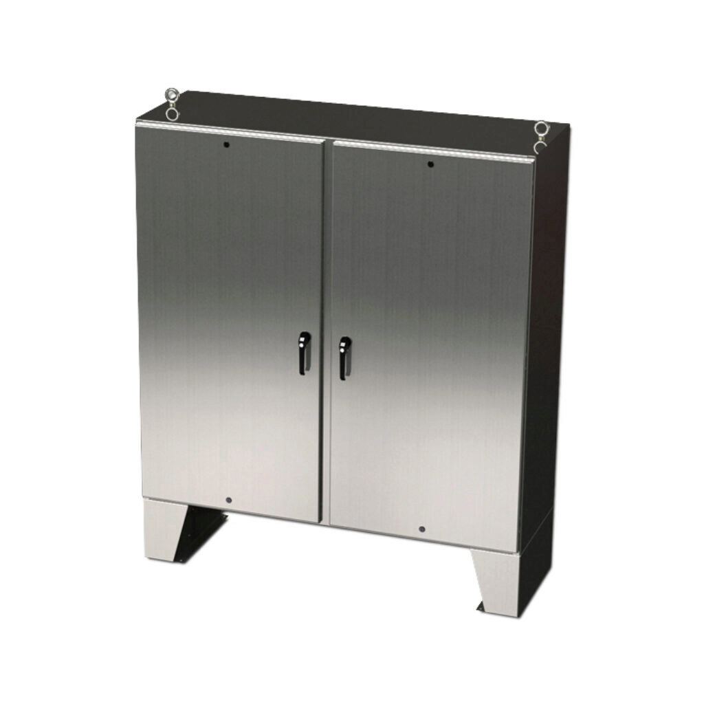 SCE-72EL7224SS6LPPL - Saginaw Enviroline series enclosure, NEMA 3R/4/4X/12/13, 72 x 72 x 24in (HxWxD), floor mount, 316L stainless steel, #4 brush finish, 2-door, 3-point keylocking/padlocking combo handle.
