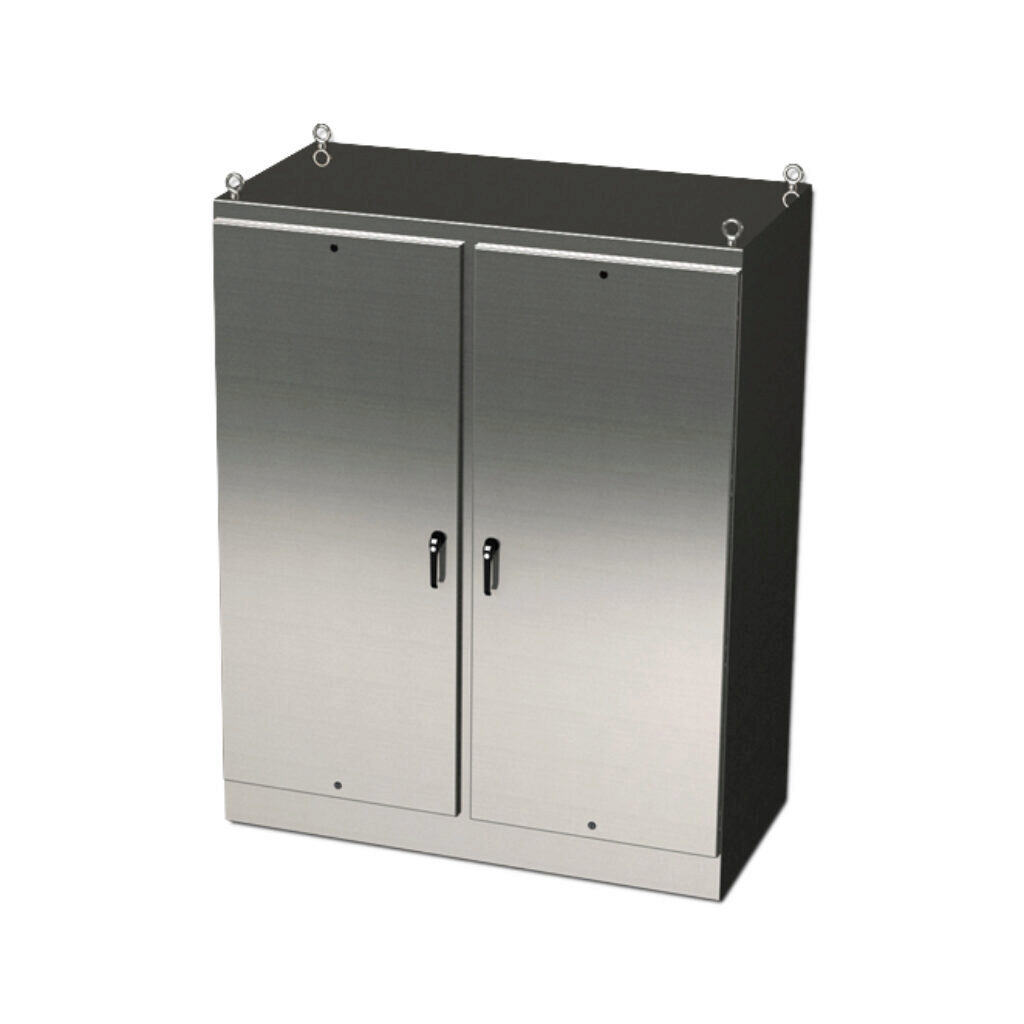 SCE-72EL7224SSFSD - Saginaw Enviroline series enclosure, NEMA 3R/4/4X/12/13, 72 x 72 x 24in (HxWxD), freestanding, 304 stainless steel, #4 brush finish, 2-door, 3-point keylocking/padlocking combo handle.