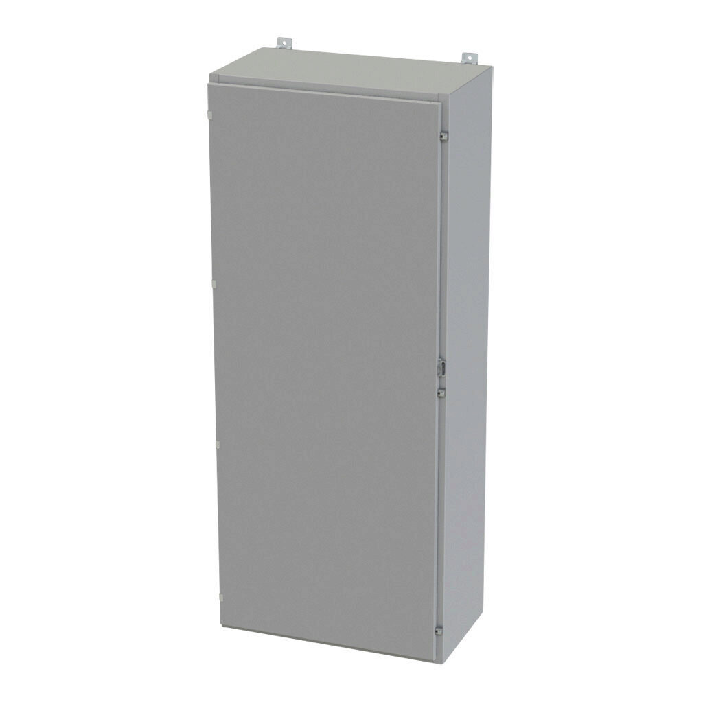 SCE-72H3016LP - Saginaw enclosure, NEMA 3R/4/12/13, 72 x 30 x 16in (HxWxD), wall mount, carbon steel, ANSI 61 gray, powder coat finish, single-door, plated steel clamps, padlock hasp and staple.