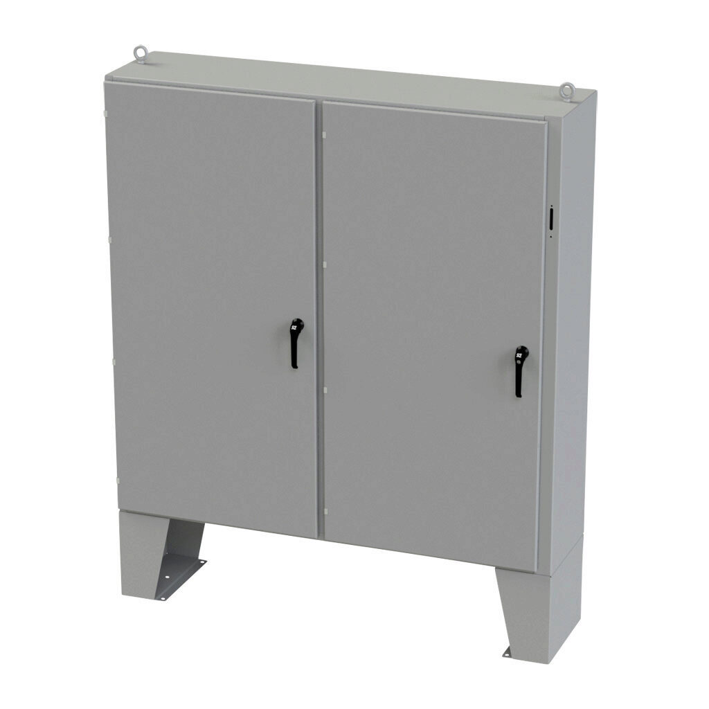 SCE-72X7318LP - Saginaw disconnect enclosure, NEMA 3R/12/13, right flange, 72 x 73 x 18in (HxWxD), floor mount, carbon steel, ANSI 61 gray, powder coat finish, 2-door, 3-point padlocking handle, purchase subpanel separately.