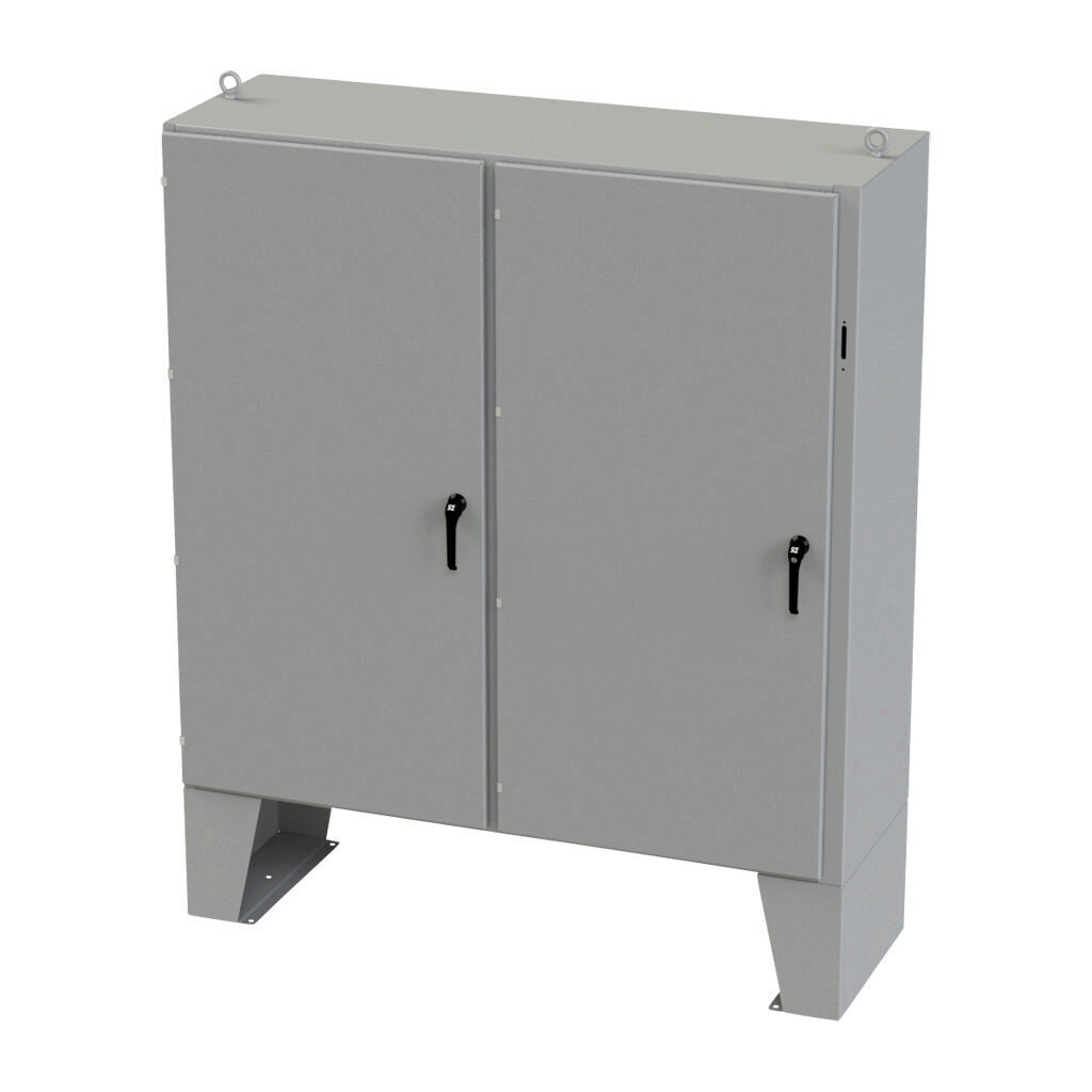 SCE-72X7324LP - Saginaw disconnect enclosure, NEMA 3R/12/13, right flange, 72 x 73 x 24in (HxWxD), floor mount, carbon steel, ANSI 61 gray, powder coat finish, 2-door, 3-point padlocking handle, purchase subpanel separately.