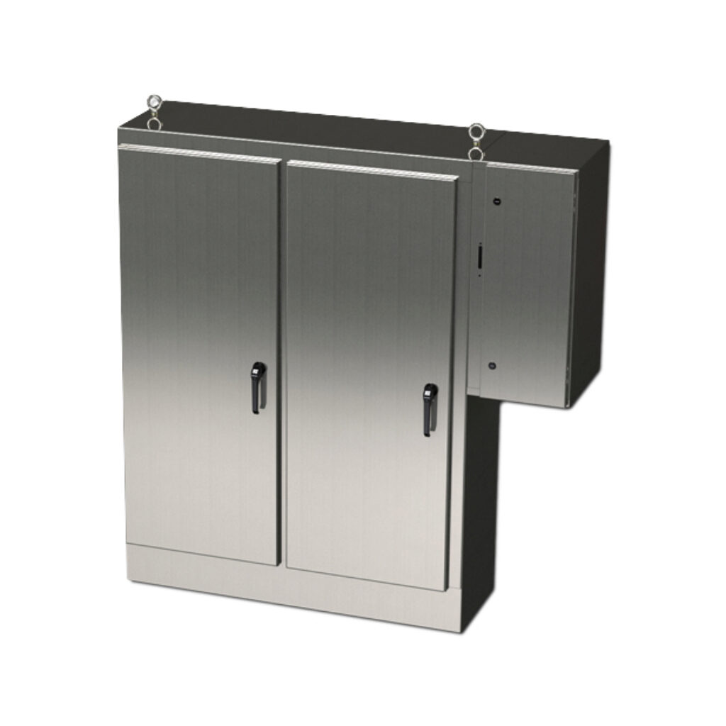 SCE-72XD5418SS6 - Saginaw enclosure, NEMA 3R/4/4X/12/13, 72 x 54 x 18in (HxWxD), freestanding, 316L stainless steel, #4 brush finish, 2-door, 3-point padlocking handle, external disconnect enclosure included.