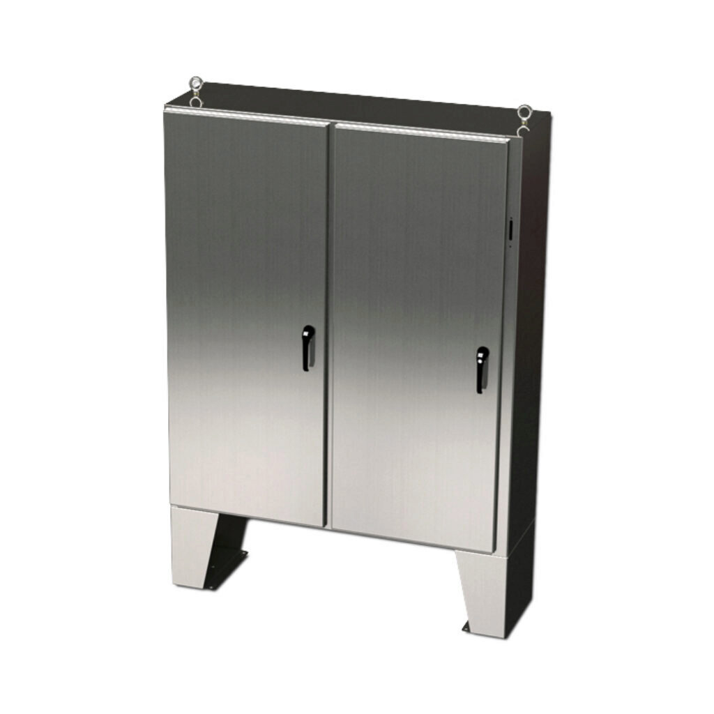 SCE-72XEL6112SS6LP - Saginaw Enviroline series disconnect enclosure, NEMA 3R/4/4X/12/13, right flange, 72 x 61 x 12in (HxWxD), floor mount, 316L stainless steel, #4 brush finish, 2-door, 3-point padlocking handle, purchase subpanel separately.