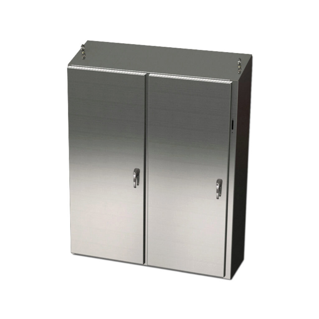 SCE-72XEL6112SS6ST - Saginaw Enviroline series disconnect enclosure, slope top, NEMA 3R/4/4X/12/13, right flange, 72 x 61 x 12in (HxWxD), freestanding, 316L stainless steel, #4 brush finish, 2-door, 3-point 304 stainless steel padlocking handle, p...