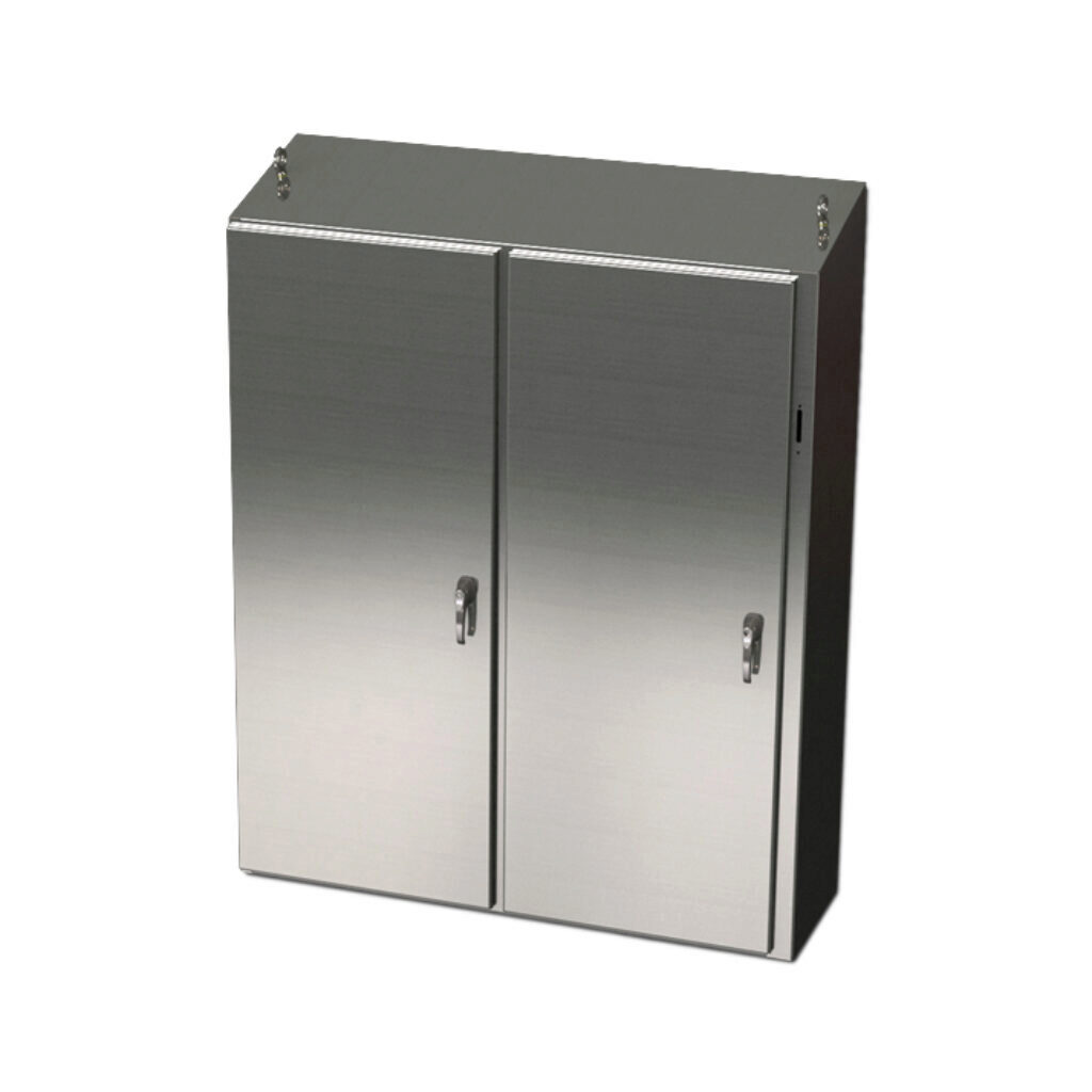 SCE-72XEL6112SSST - Saginaw Enviroline series disconnect enclosure, slope top, NEMA 3R/4/4X/12/13, right flange, 72 x 61 x 12in (HxWxD), freestanding, 304 stainless steel, #4 brush finish, 2-door, 3-point 304 stainless steel padlocking handle, pur...