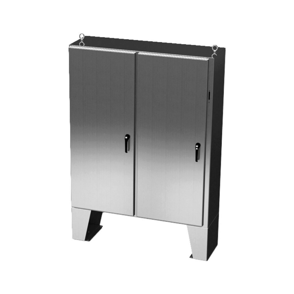 SCE-72XEL6118SSLP - Saginaw Enviroline series disconnect enclosure, NEMA 3R/4/4X/12/13, right flange, 72 x 61 x 18in (HxWxD), floor mount, 304 stainless steel, #4 brush finish, 2-door, 3-point padlocking handle, purchase subpanel separately.